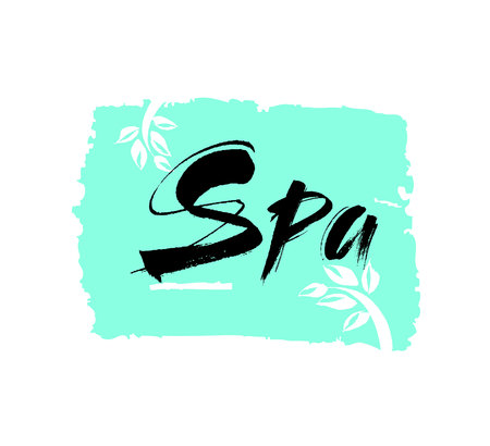 Spa center. Ink hand drawn lettering with a green leaf. Modern brush vector calligraphyのイラスト素材
