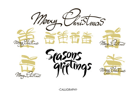 Merry Christmas text design. Set. Vector logo, typography. Usable as banner, greeting card, gift package etc.のイラスト素材