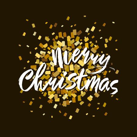 Merry Christmas text. Gold and white brush calligraphy on black blackbackground with abstract smears and blotsのイラスト素材