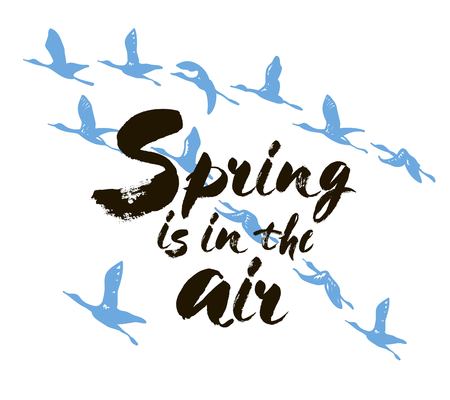 Spring is in the air postcard. Ink illustration. Modern brush calligraphy. Isolated on white background with birds. Vectorのイラスト素材