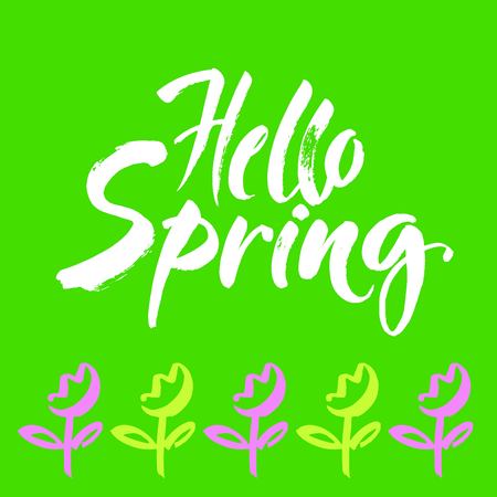Phrase Hello spring Brush lettering isolated on green background. Handwritten vector Illustration.のイラスト素材