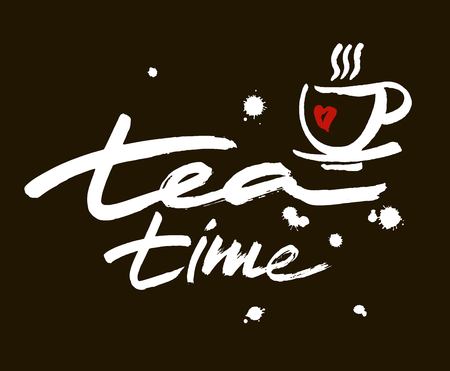 Tea time, hand drawn lettering, isolated on the black background. Modern brush calligraphy vector illustration.のイラスト素材
