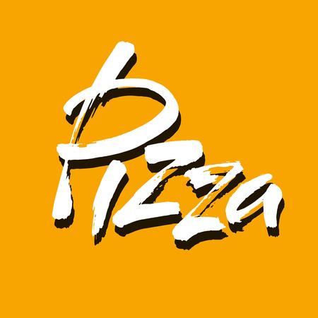 PIZZA hand-lettering calligraphy. Hand drawn vector stock illustration. Modern brush ink. Isolated on yellow background.のイラスト素材