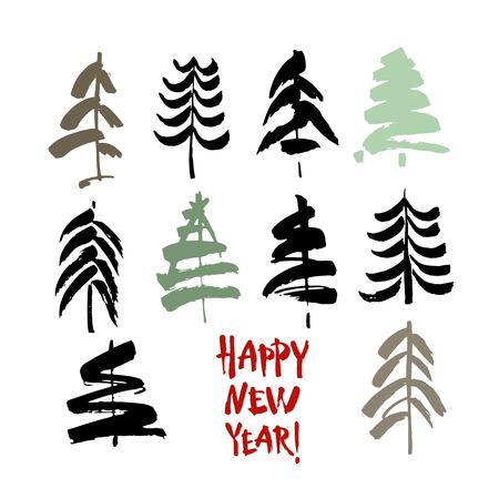 Happy new year text. Black and color brush calligraphy on white vector background with abstract christmas treesのイラスト素材