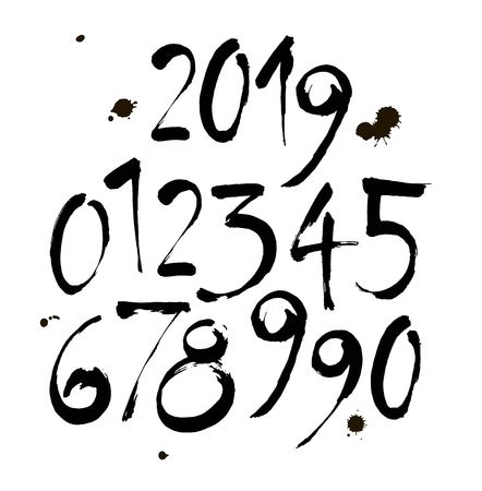 vector set of calligraphic acrylic or ink numbers. ABC for your design, brush lettering on a white background with blotsのイラスト素材