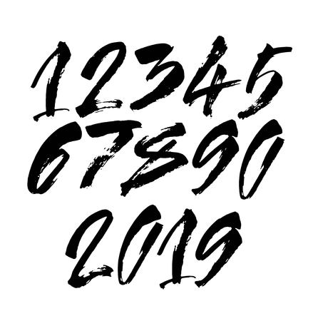 vector set of calligraphic acrylic or ink numbers. ABC for your design, brush lettering on a black backgroundのイラスト素材