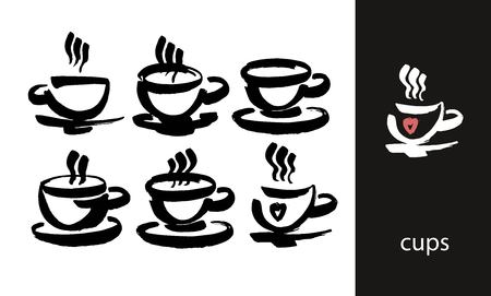 Coffee and tea cups symbols for fast food or restaurant design. Modern brush ink. Isolated on white background. Vectorのイラスト素材