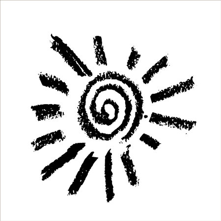 Cute cartoon hand drawn sun drawing. Sweet vector black and white sun drawing. Isolated monochrome doodle sun drawing on white background.のイラスト素材