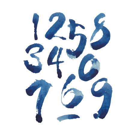 set of calligraphic blue watercolor or ink numbers. ABC for your design, brush lettering on a white backgroundのイラスト素材