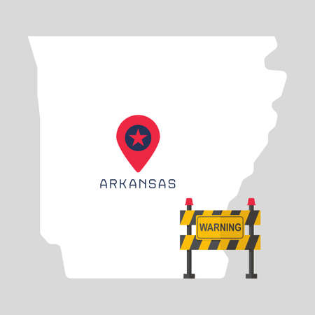 Arkansas map with warning sign barrier. Covid-19 outbreak concept illustration on gray background . Travel ban, area under control, restricted entry, health, business risk, danger, virus alertの写真素材