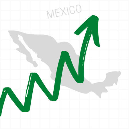 Mexico map with rising arrow showing economic growth. Nation economy recovered, financial growth, stock trading up, equity price move up, bull market. Upward trend green arrow business conceptの写真素材