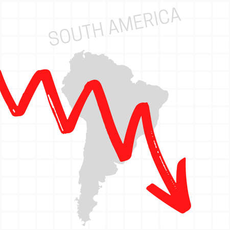 South America map with falling arrow. Financial stagnation, recession, crisis, business crash, stock markets down, economic collapse. Downward trend concept illustration on white backgroundの写真素材