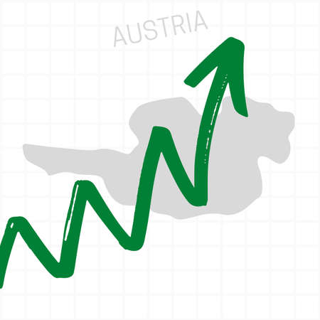 Austria map with rising arrow showing economic growth. Nation economy recovered, financial growth, stock trading up, equity price move up, bull market. Upward trend green arrow business conceptの写真素材