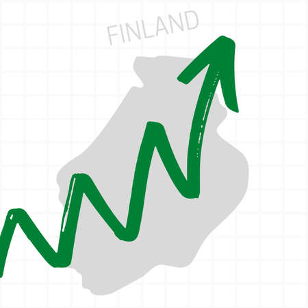 Finland map with rising arrow showing economic growth. Nation economy recovered, financial growth, stock trading up, equity price move up, bull market. Upward trend green arrow business conceptの写真素材