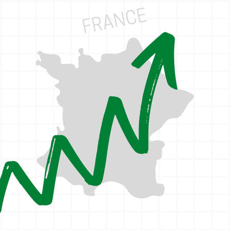 France map with rising arrow showing economic growth. Nation economy recovered, financial growth, stock trading up, equity price move up, bull market. Upward trend green arrow business conceptの写真素材