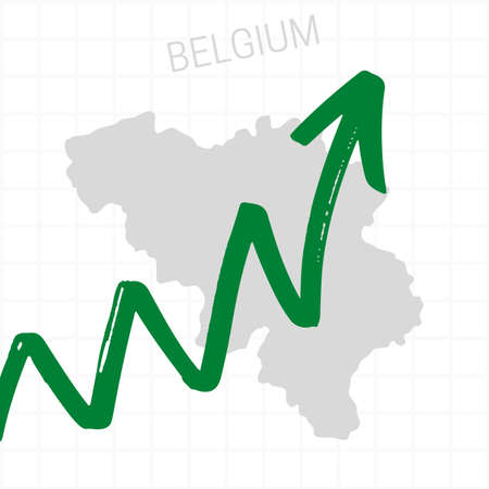 Belgium map with rising arrow showing economic growth. Nation economy recovered, financial growth, stock trading up, equity price move up, bull market. Upward trend green arrow business conceptの写真素材