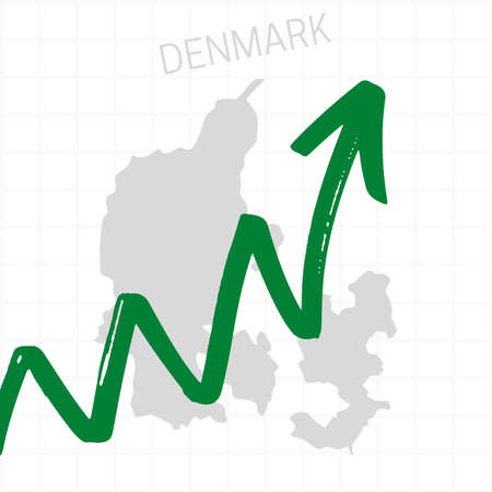 Denmark map with rising arrow showing economic growth. Nation economy recovered, financial growth, stock trading up, equity price move up, bull market. Upward trend green arrow business conceptの写真素材