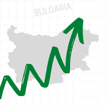 Bulgaria map with rising arrow showing economic growth. Nation economy recovered, financial growth, stock trading up, equity price move up, bull market. Upward trend green arrow business conceptの写真素材