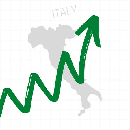 Italy map with rising arrow showing economic growth. Nation economy recovered, financial growth, stock trading up, equity price move up, bull market. Upward trend green arrow business conceptの写真素材