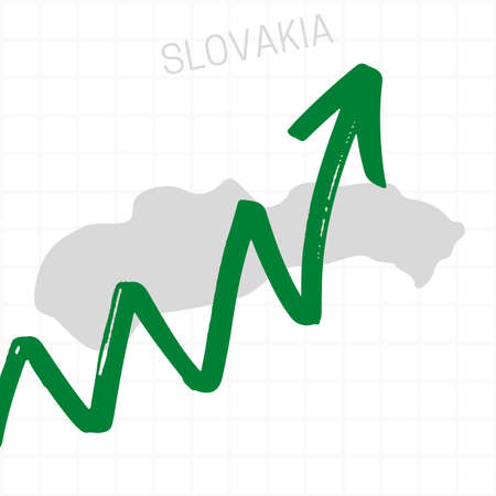 Slovakia map with rising arrow showing economic growth. Nation economy recovered, financial growth, stock trading up, equity price move up, bull market. Upward trend green arrow business conceptの写真素材