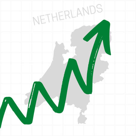Netherlands map with rising arrow showing economic growth. Nation economy recovered, financial growth, stock trading up, equity price move up, bull market. Upward trend green arrow business conceptの写真素材