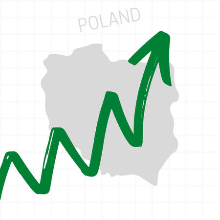Poland map with rising arrow showing economic growth. Nation economy recovered, financial growth, stock trading up, equity price move up, bull market. Upward trend green arrow business conceptの写真素材