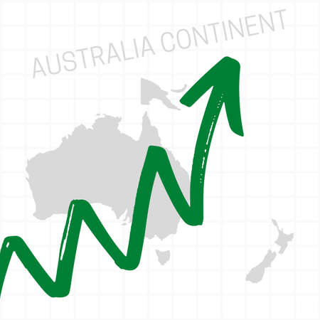 Australia continent map with rising arrow showing economic growth. Nation economy recovered, financial growth, stock trading up, equity price move up, bull market. Upward trend green arrowの写真素材