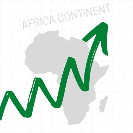 Africa continent map with rising arrow showing economic growth. Nation economy recovered, financial growth, stock trading up, equity price move up, bull market. Upward trend green arrowの写真素材