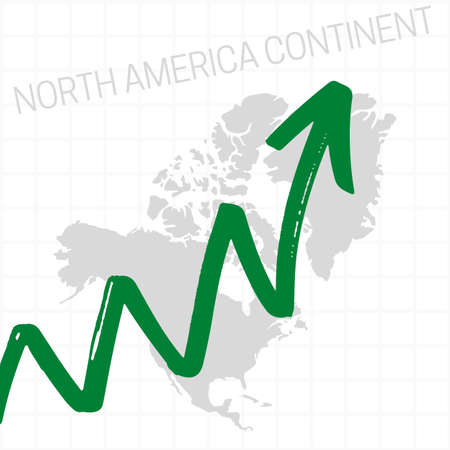 North America continent map with rising arrow showing economic growth. Nation economy recovered, financial growth, stock trading up, equity price move up, bull market. Upward trend green arrow businesの写真素材