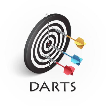 Darts game background. Vector illustration showing a target and colored darts in isometricのイラスト素材