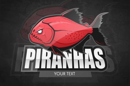 Modern professional piranha logo for a sport team. Vector red fish logo on a dark backgroundのイラスト素材