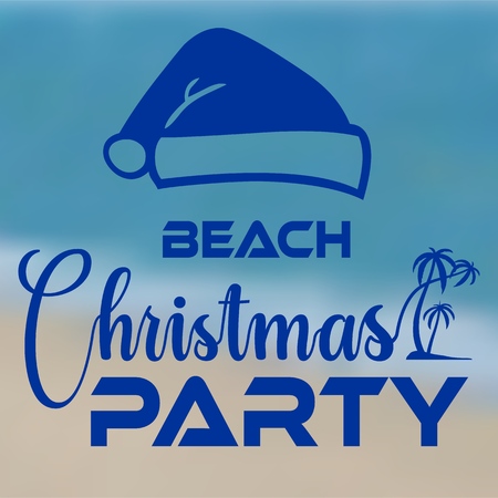Christmas party at the beach typography icon banner seashore with santa hat. Vector illustration.のイラスト素材