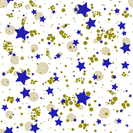 Geometric seamless pattern in abstract memphis style, gold circles, stars, spiralsのイラスト素材