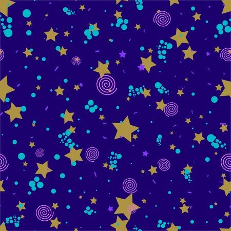 Geometric seamless pattern in abstract memphis style, gold circles, stars, spiralsのイラスト素材