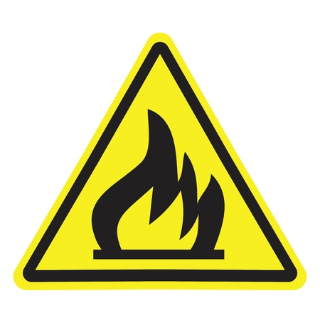 Fire warning sign in yellow triangle. Flammable, inflammable substances icon.