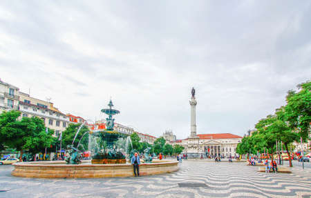 LISBON, PORTUGAL - OCTOBER 12, 2012: Evening scene of Rossio Square in old downtown Lisbon, Portugalのeditorial素材