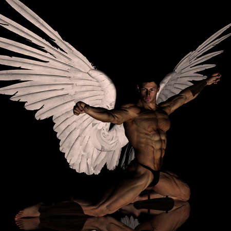3D angel with wings spread open with arms in fight stanceの写真素材