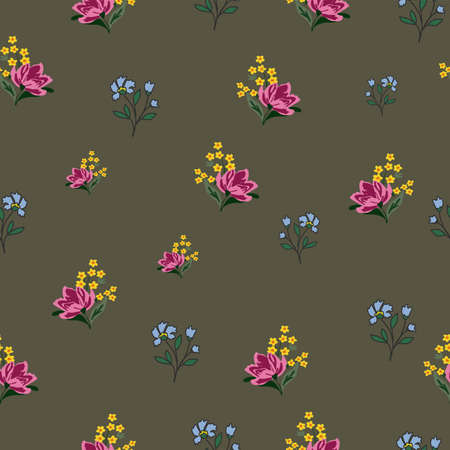 Seamless Vector cute flowers on greyish background design Pattern. Great for Fabrics, Scrap booking, bullet journal, textiles, blankets, pillows, cover,のイラスト素材