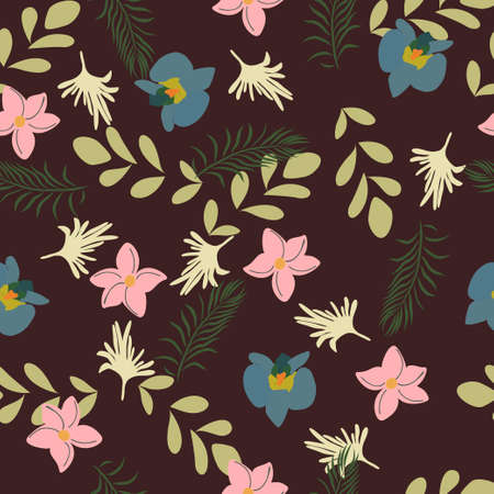 Seamless Floral pattern design vector illustration flower with maroon background for fabrics, textiles, bullet journal, scrapbooking, wallpaperのイラスト素材