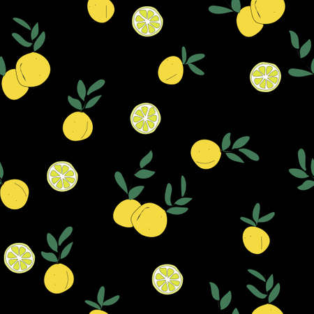 Seamless lemon with black background vector illustration pattern design for fabric, textile, gift wrapping, background, wallpaper, bullet journal, scrapbooking, clothing, etcのイラスト素材