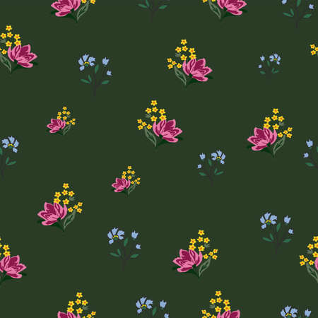 Seamless Cute Floral design pattern with dark green background for fabrics, textiles, wallpaper, backgroundのイラスト素材