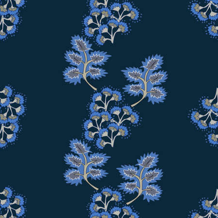 Seamless floral design pattern. Blue flowers on dark blue background. Vector illustration pattern for fabric, textile, gift wrapping, background, wallpaper, bullet journal, scrapbookingのイラスト素材