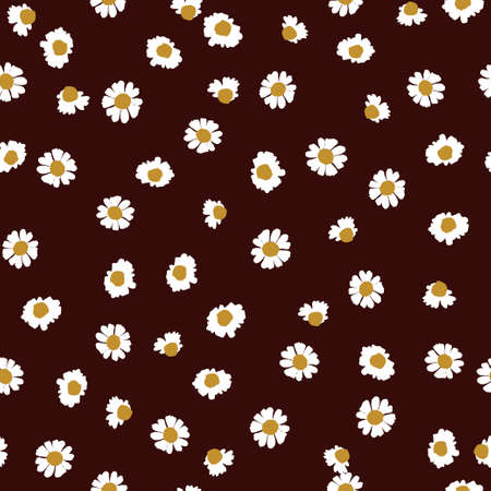 Seamless floral design pattern. Cute daisy on maroon background. Vector illustration pattern for fabric, textile, gift wrapping, background, wallpaper, bullet journal, scrapbookingのイラスト素材