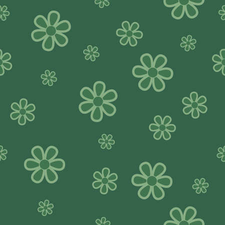 Seamless floral design pattern. Cute flowers on green background. Vector illustration pattern for fabric, textile, gift wrapping, background, wallpaper, bullet journal, scrapbookingのイラスト素材