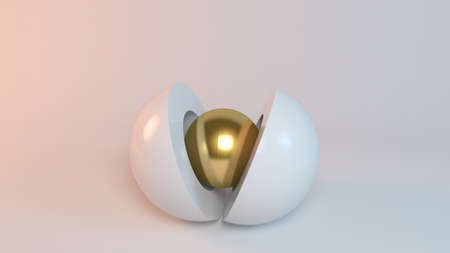 Business concept illustration, a 3d golden sphere is born from another sphereの写真素材