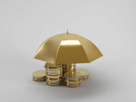 3d illustration: Protecting funds Umbrella covers gold coins on a white backgroundの写真素材