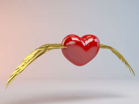 3d Flying Hearts with golden wingsの写真素材