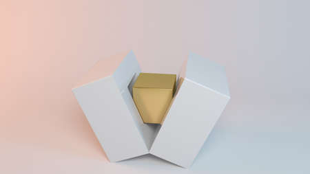 Business concept illustration, a 3d golden cube is born from another bigger cubeの写真素材