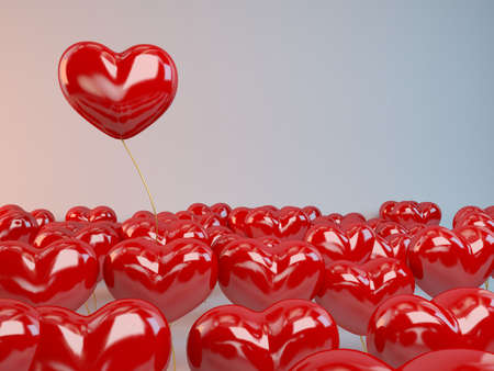 Group of red hearts balloons inside a 3d white stageの写真素材