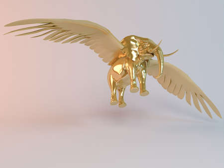Golden 3D flying animal elephant inside a stage with high render quality to be used as a logo, medal, symbol, shape, emblem, icon, business, geometric, label or any other useの写真素材